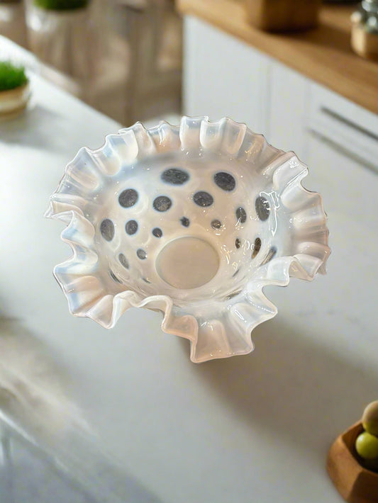 Rare Early Fenton French Opalescent Coin Spot Windows Glass 7" Footed Bowl 1940's