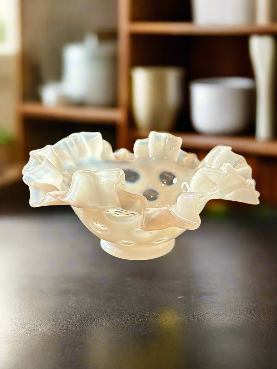 Rare Early Fenton French Opalescent Coin Spot Windows Glass 7" Footed Bowl 1940's