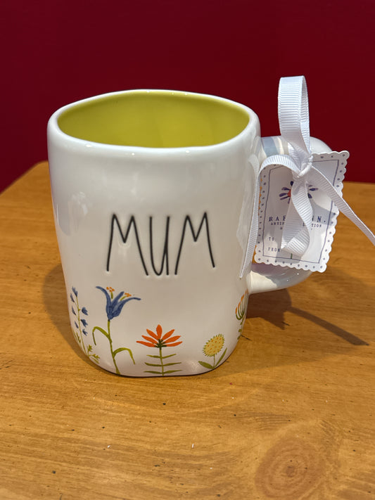 Rae Dunn "MUM" Floral Yellow Interior Coffee Mug Cup New with Tags 4 7/8" Tall