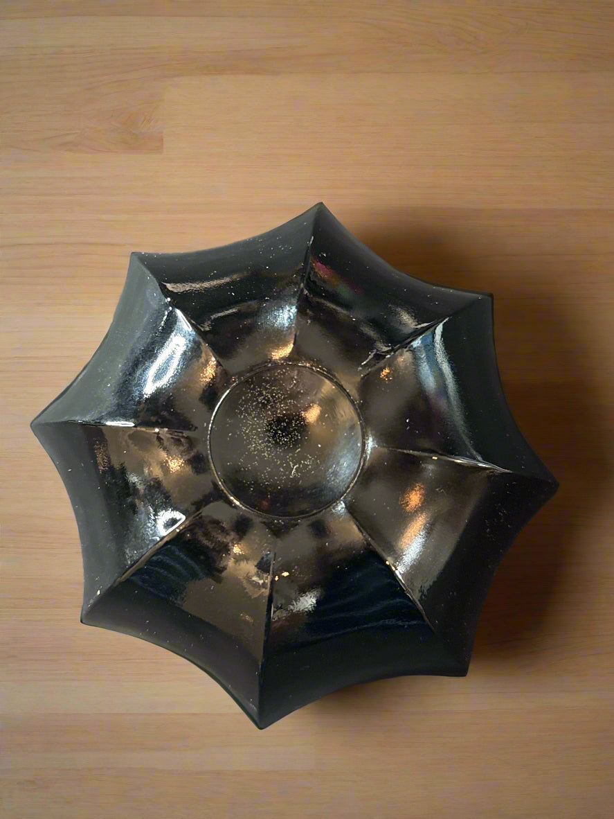 Vintage Black Amethyst Heavy Glass Octagonal Paneled Scalloped Bowl 3.75" Tall 5" Wide