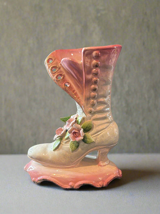 Mid Century 40's - 50's Lusterware Victorian Style Boot Vase Pink w/ 3D Flowers