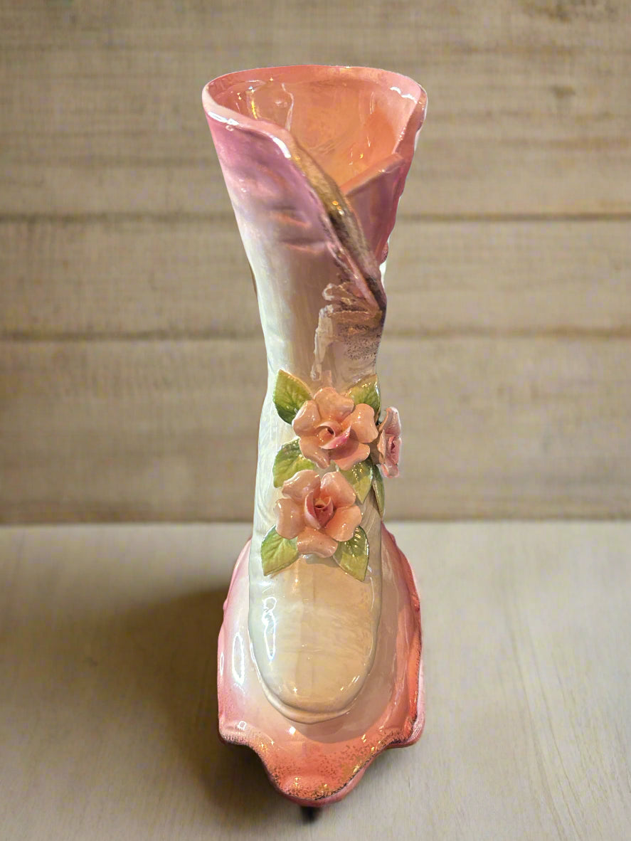 Mid Century 40's - 50's Lusterware Victorian Style Boot Vase Pink w/ 3D Flowers