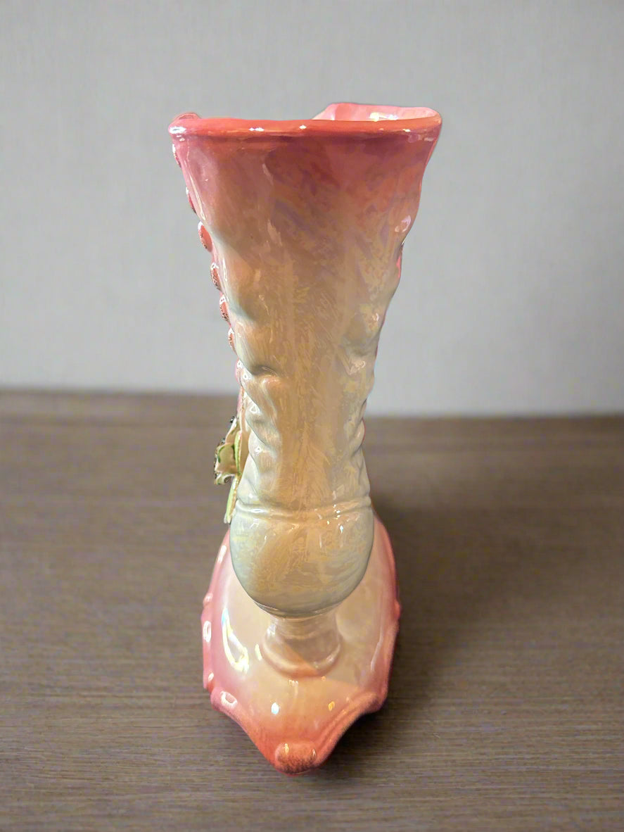 Mid Century 40's - 50's Lusterware Victorian Style Boot Vase Pink w/ 3D Flowers
