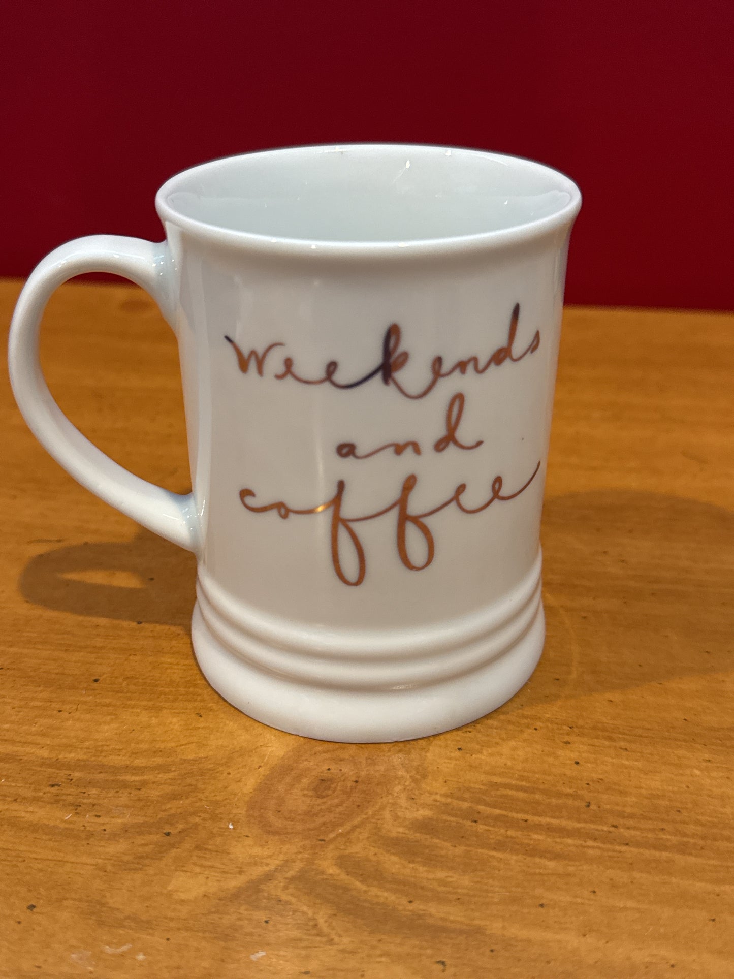 Fringe "Weekends & Coffee" White and Gold Coffee Cup Mug 4.25" Tall New