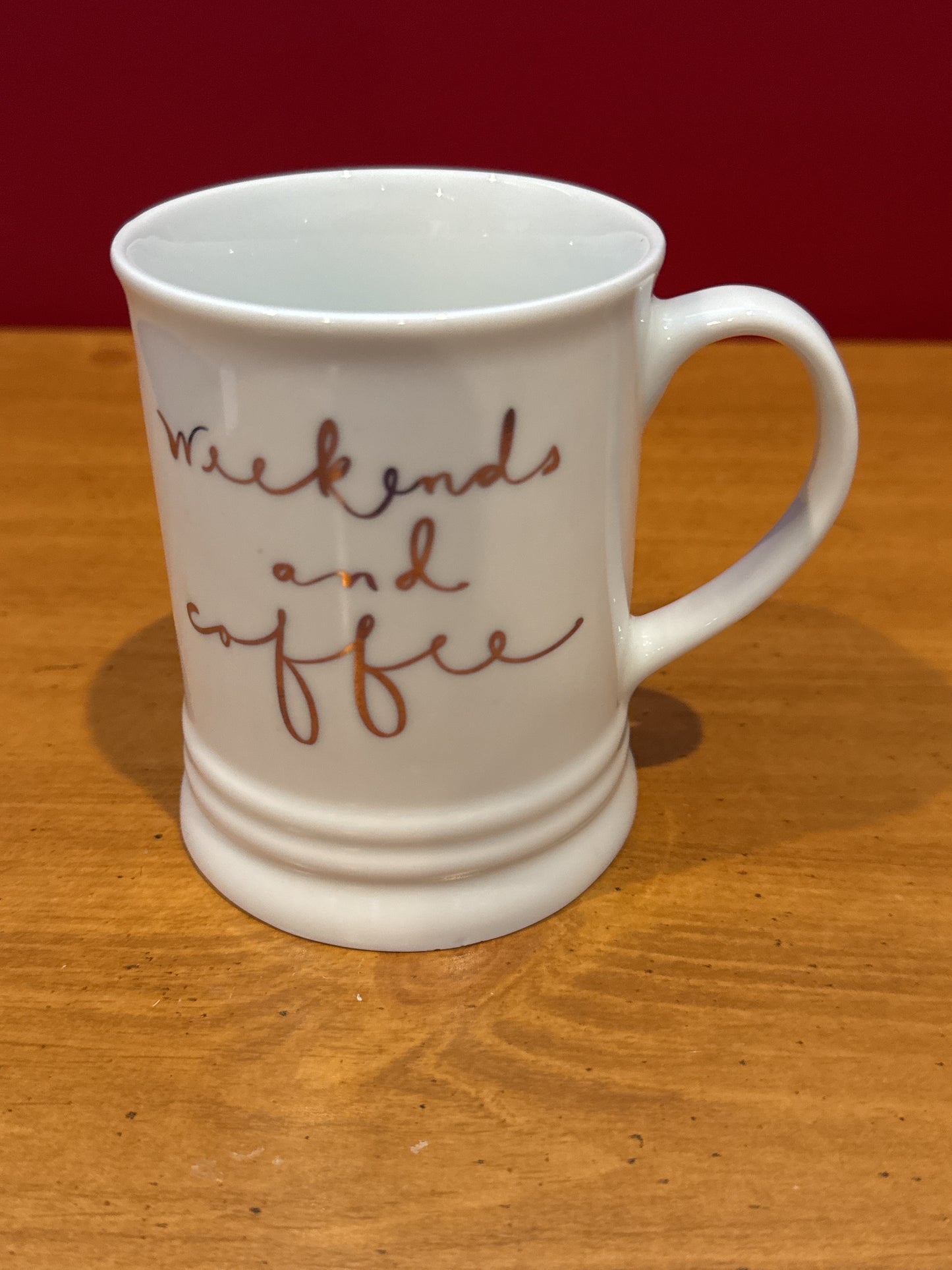 Fringe "Weekends & Coffee" White and Gold Coffee Cup Mug 4.25" Tall New