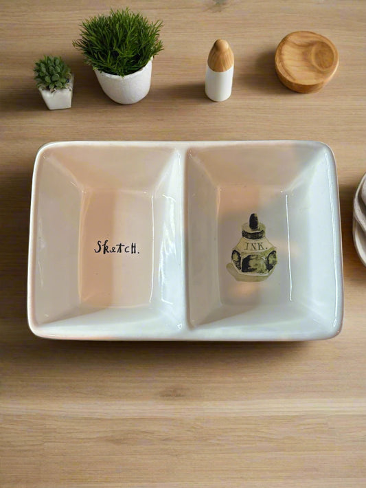 Rae Dunn Artisan Collection Rectangular Divided Bowl Dish 7.75" Long 5" Wide Sketch & Ink