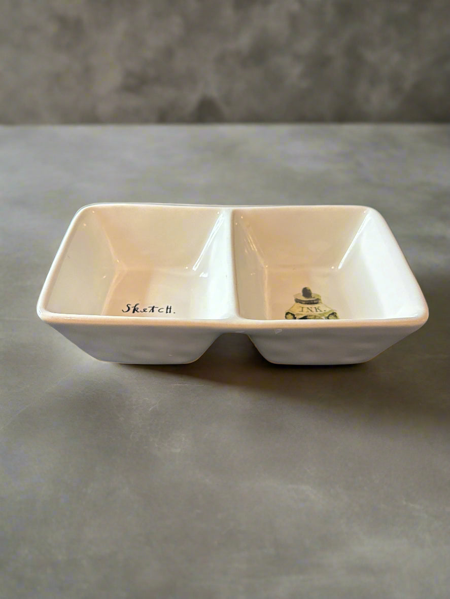 Rae Dunn Artisan Collection Rectangular Divided Bowl Dish 7.75" Long 5" Wide Sketch & Ink