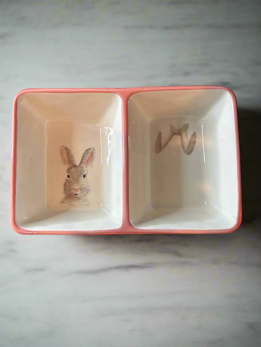 Rae Dunn Artisan Collection Rectangular Divided Bowl Dish 7.75" Long 5" Bunny & Ears