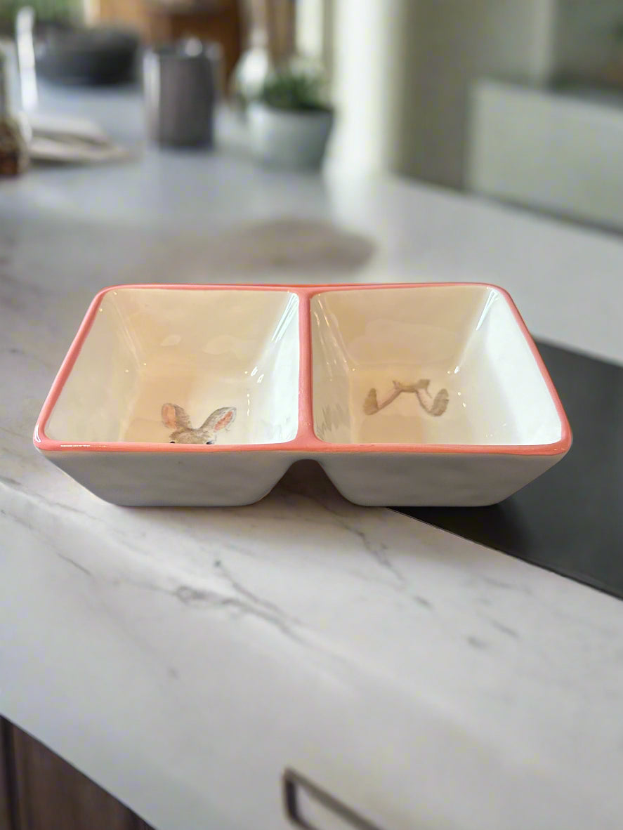 Rae Dunn Artisan Collection Rectangular Divided Bowl Dish 7.75" Long 5" Bunny & Ears