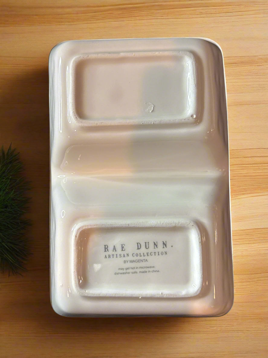 Rae Dunn Artisan Collection Rectangular Divided Bowl Dish 7.75" Long 5" Bunny & Ears