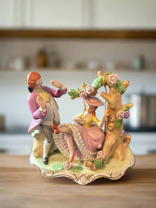 Capodimonte Vintage Ceramic Figurine Boy Girl Victorian Swing Made in Korea 6" Wide