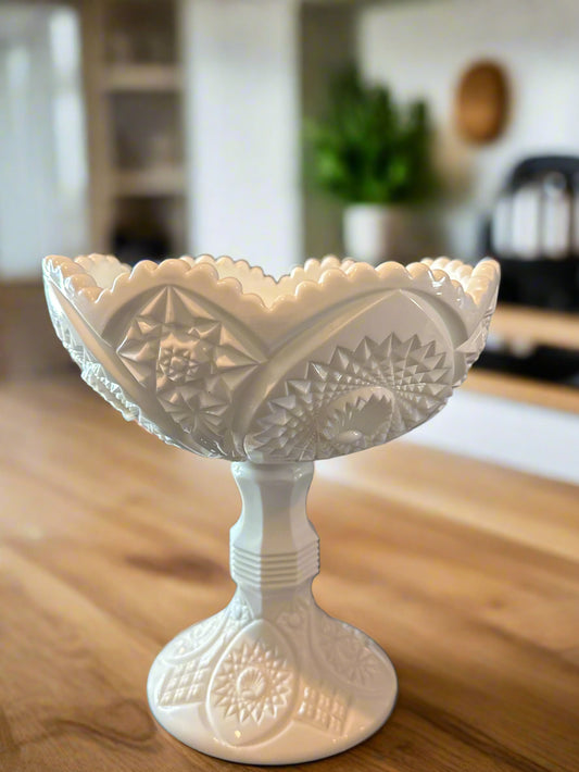 Large Homestead Milk Glass Tiffin-Franciscan Footed Hobstar Compote 9.25" Tall x 8.25" Wide