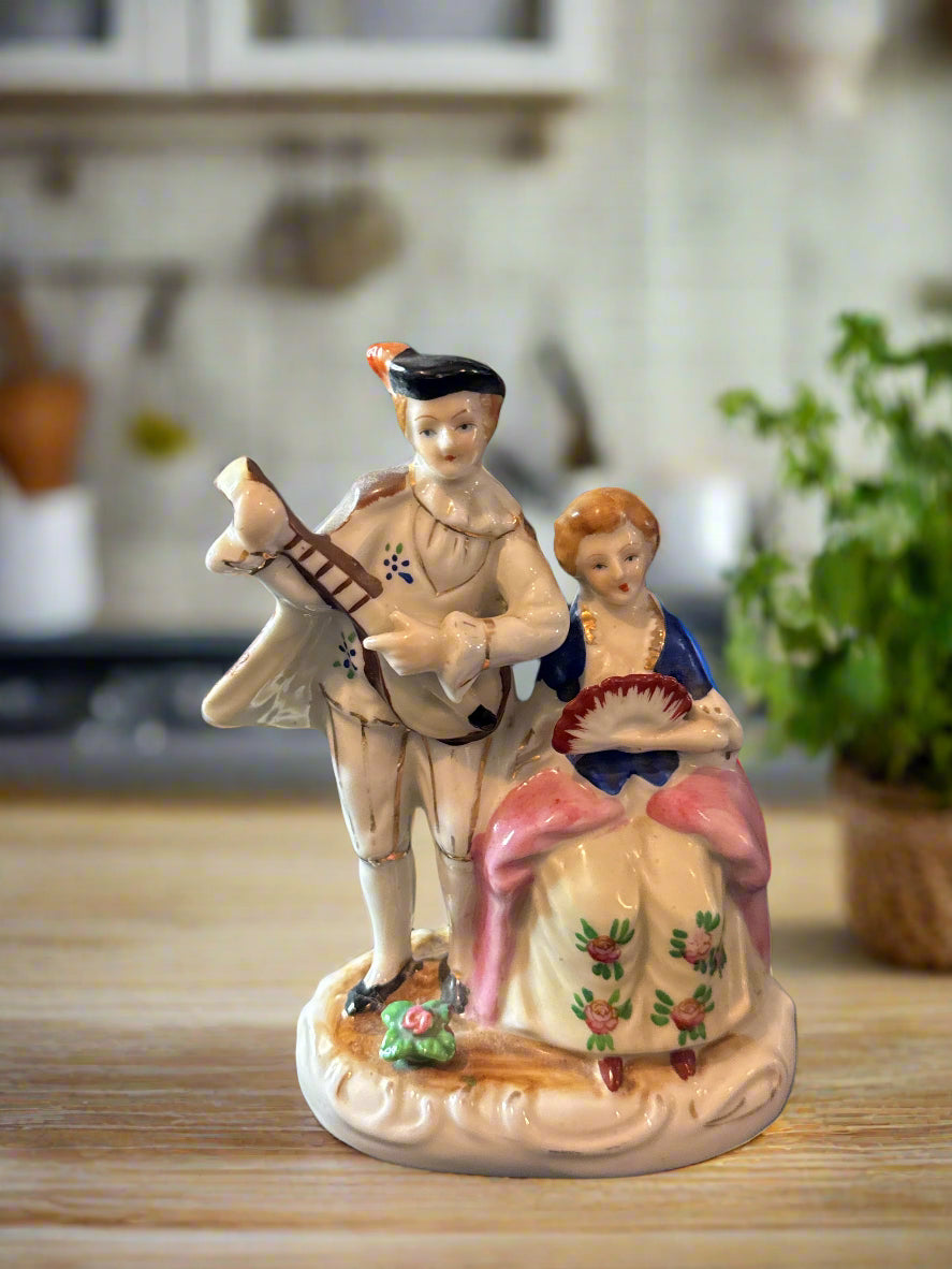 Porcelain Vintage Ceramic Occupied Japan Figurine Victorian Man Woman Guitar 5.75" Tall