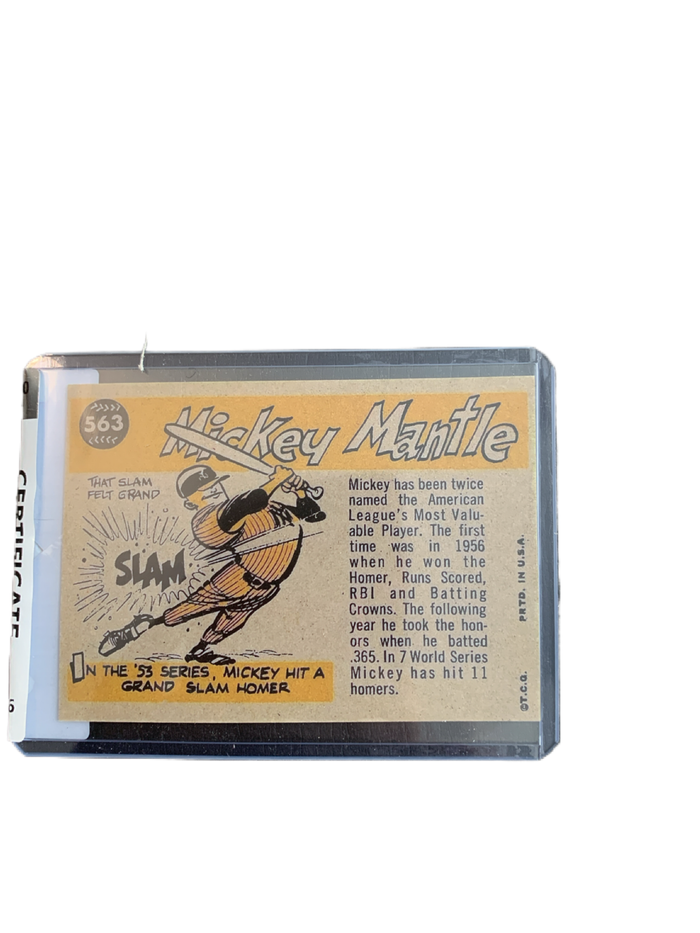 Mickey Mantle 1960 Topps All Star Baseball Card #563 Not Graded, Certificate of Authenticity Sticker