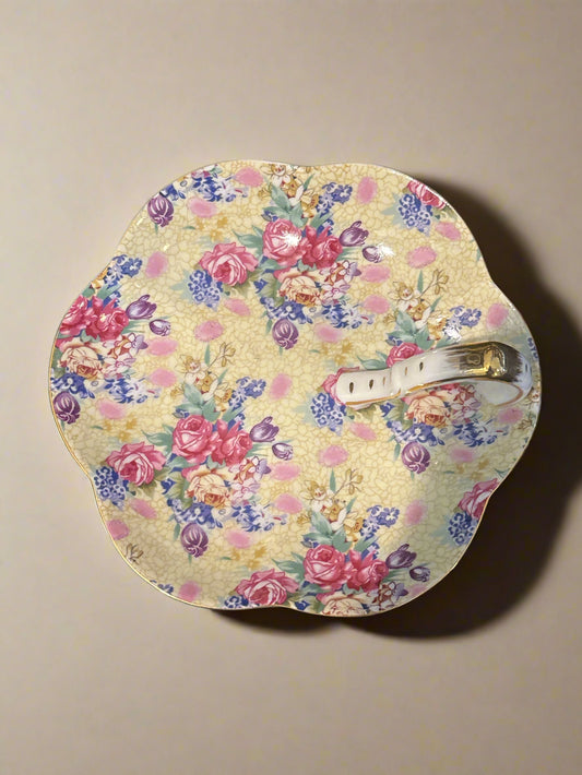 Royal Cotswolds Vintage Lemon & Pink Roses Chintz Porcelain Trinket Dish 6.25" Wide