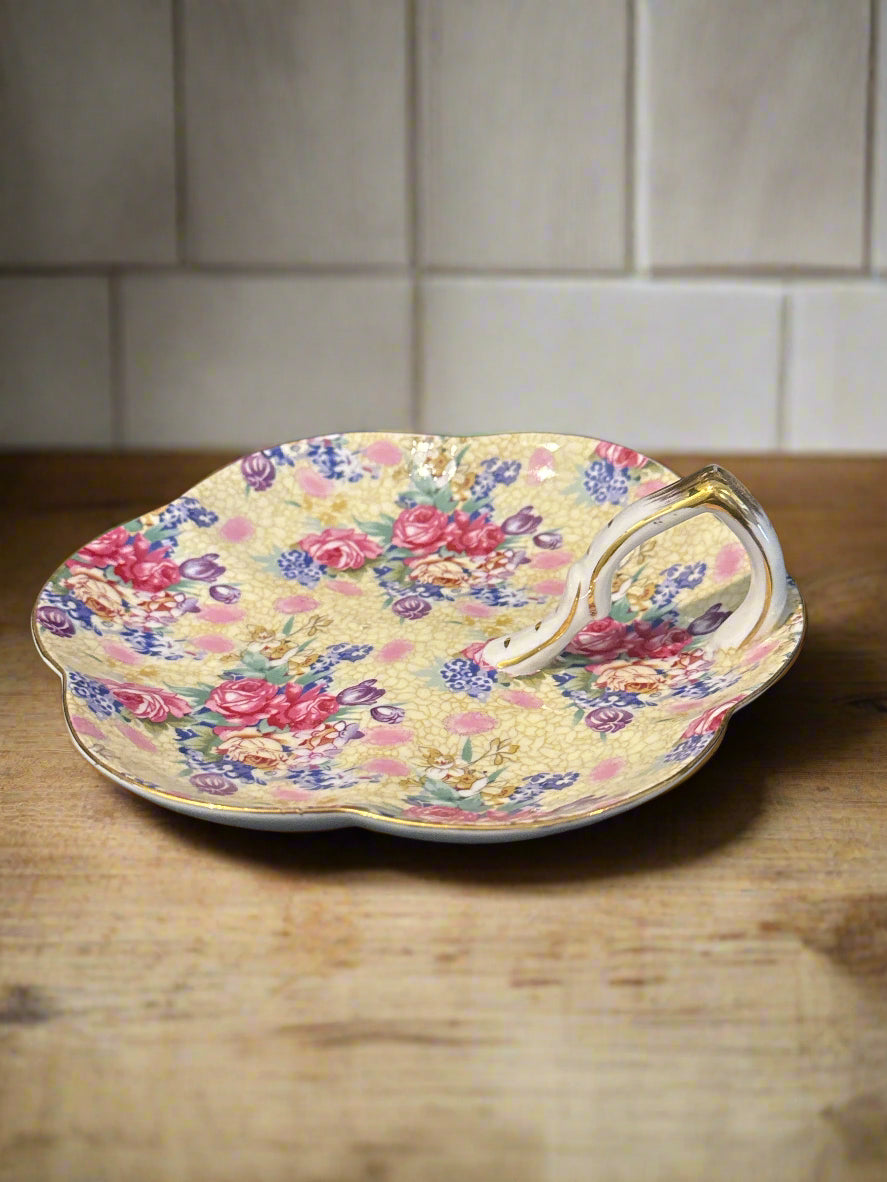 Royal Cotswolds Vintage Lemon & Pink Roses Chintz Porcelain Trinket Dish 6.25" Wide