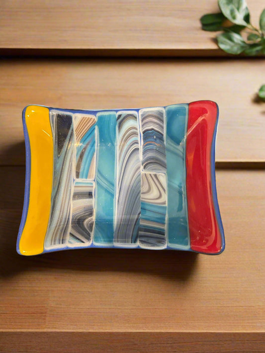 Fused Glass Beach Art Soap Dish Handmade 5 1/8" Long x 3.75" Wide