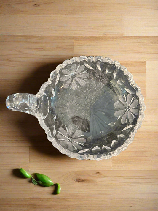 Vintage Etched Glass Candy Nut Dish with Finger Ring Handle & Daisy Flower Design 6" Wide