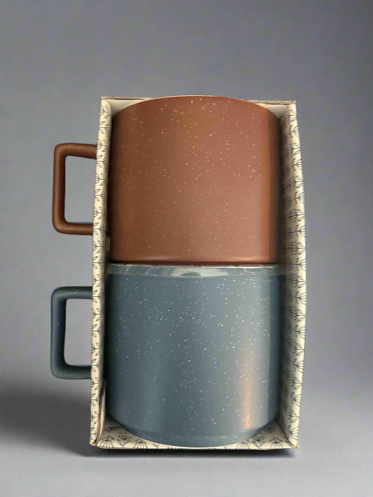 Pair of Eccolo Coffee Mugs Cups New in Box 3.5" Tall Blue and Brown 16oz