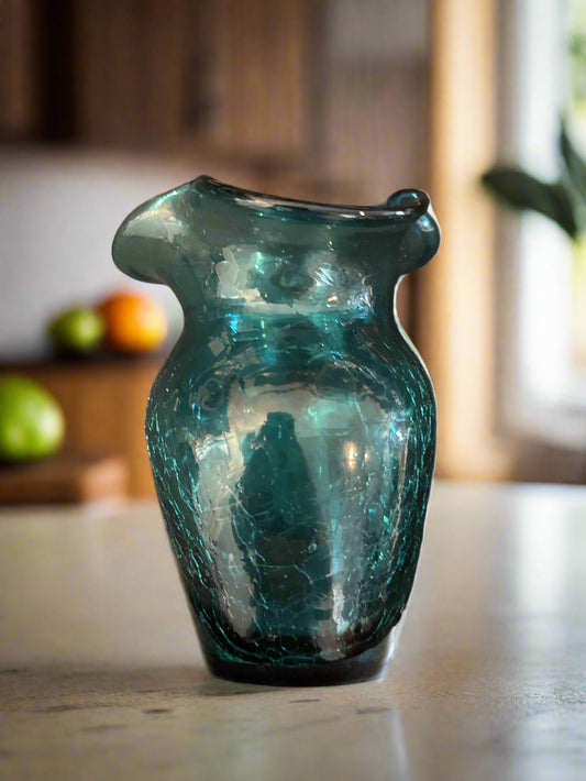 Vintage Pilgrim Blown Art Glass Teal Crackle Glass Vase Small 5" Tall 3.5" Across Top