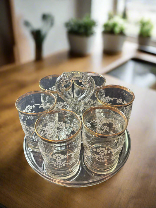 Bartlett Collins Set of 6 Juice Glasses 4" Tall With Glass Caddy 8" Across 7" Tall
