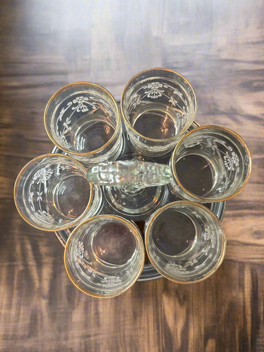 Bartlett Collins Set of 6 Juice Glasses 4" Tall With Glass Caddy 8" Across 7" Tall