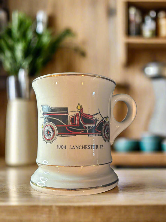 Vintage Mustache Saver Mug Cup White w/ Gold Trim - 1904 Lanchester 12 - 4" Tall