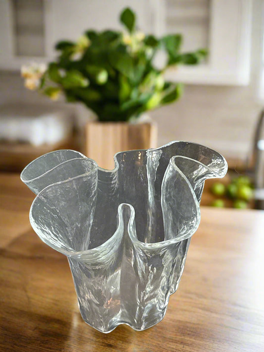 Vintage Muurla Finland Clear Ruffle Handkerchief Hand Blown Glass 8" Tall MCM