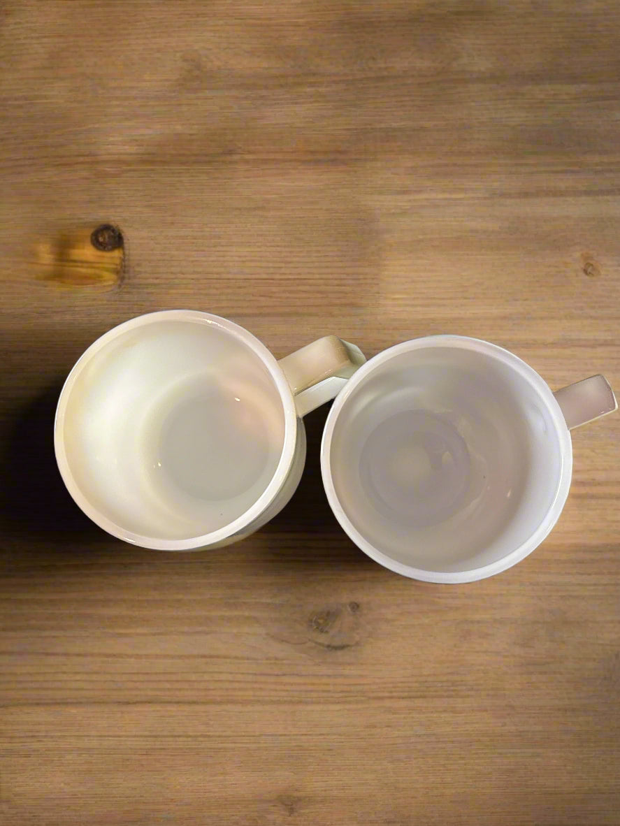 Pair of Vintage Federal Milk Glass Coffee Cups Mugs Heat Proof Straight Side D Handle Rare