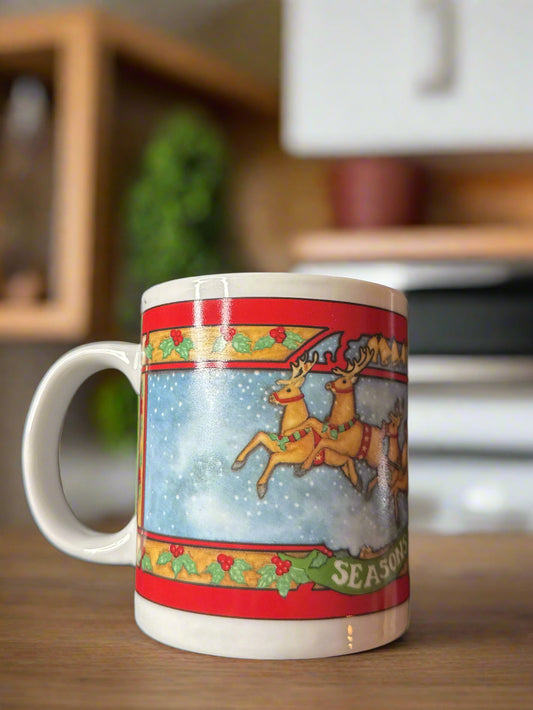 Vintage Christmas 1994 Collection Seasons Greetings Santa & Reindeer Coffee Mug Cup 4" Tall