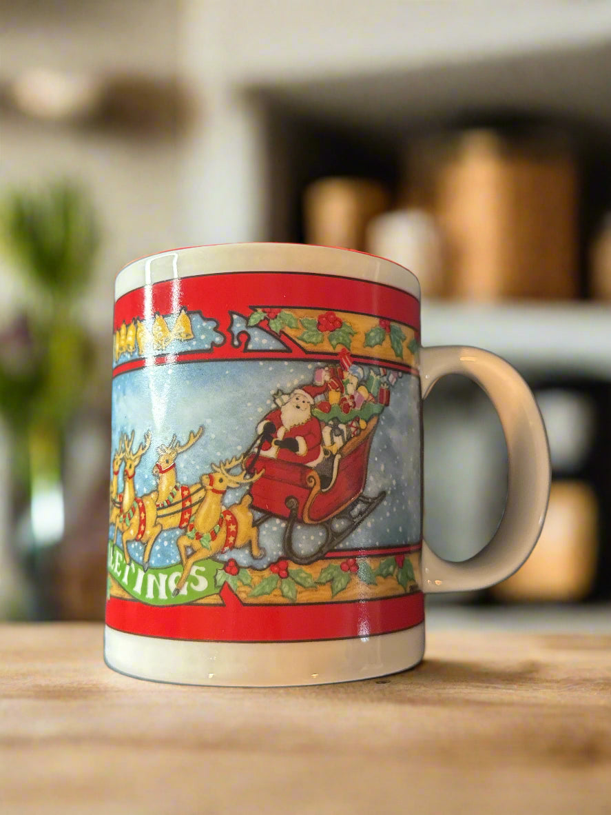 Vintage Christmas 1994 Collection Seasons Greetings Santa & Reindeer Coffee Mug Cup 4" Tall