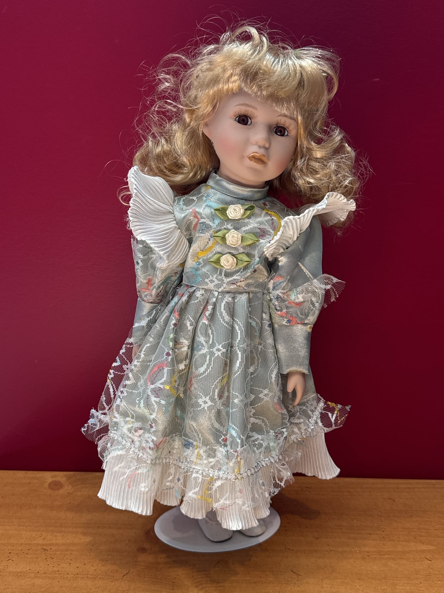 Ashley Belle Porcelain Keepsakes Handpainted/Sewn Fine Bisque Porcelain Doll w/ Stand