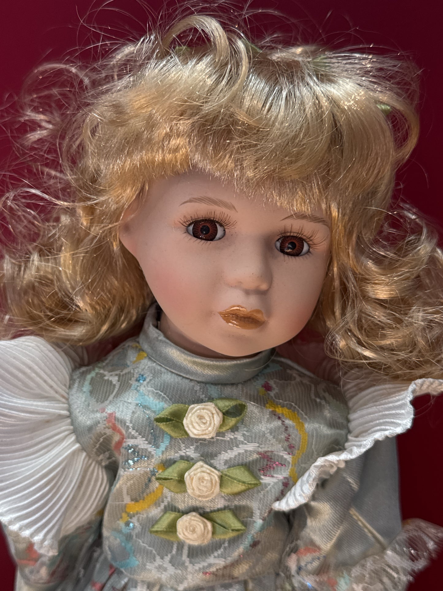 Ashley Belle Porcelain Keepsakes Handpainted/Sewn Fine Bisque Porcelain Doll w/ Stand
