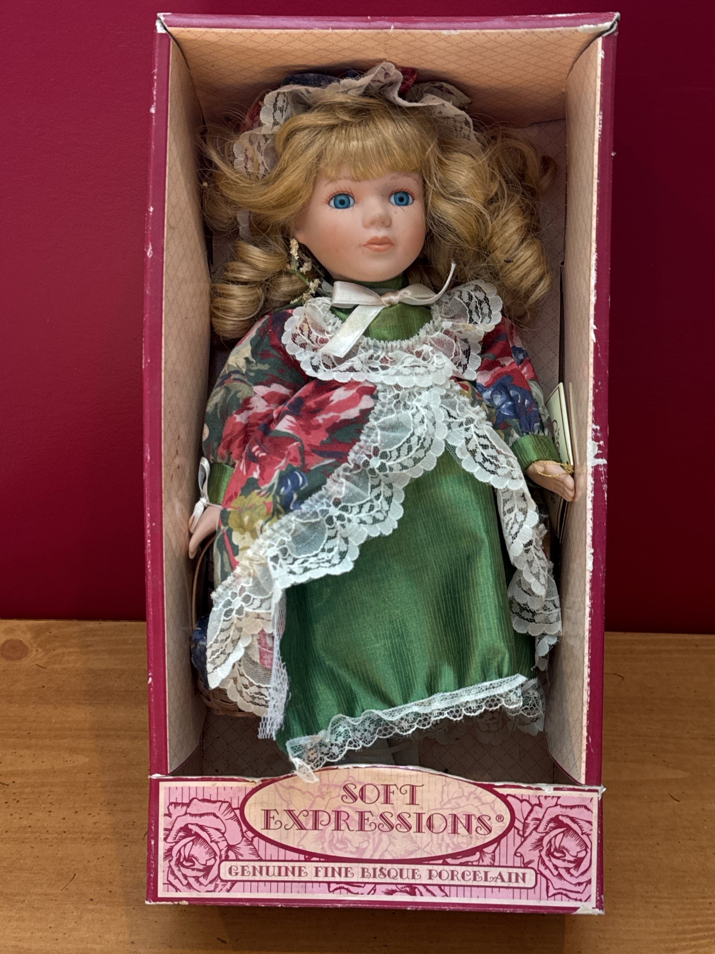 Soft Expressions Genuine Fine Bisque Porcelain Doll in Box by Dan-Dee International Green Dress