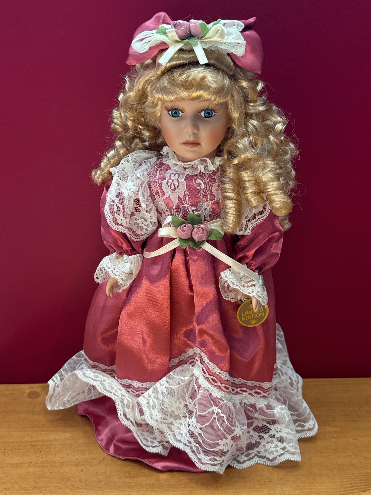 Porcelain Doll Pink Dress Curly Hair by Dan-Dee International Collector's Choice