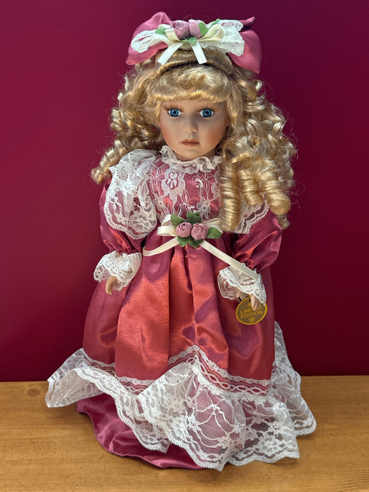Porcelain Doll Pink Dress Curly Hair by Dan-Dee International Collector's Choice