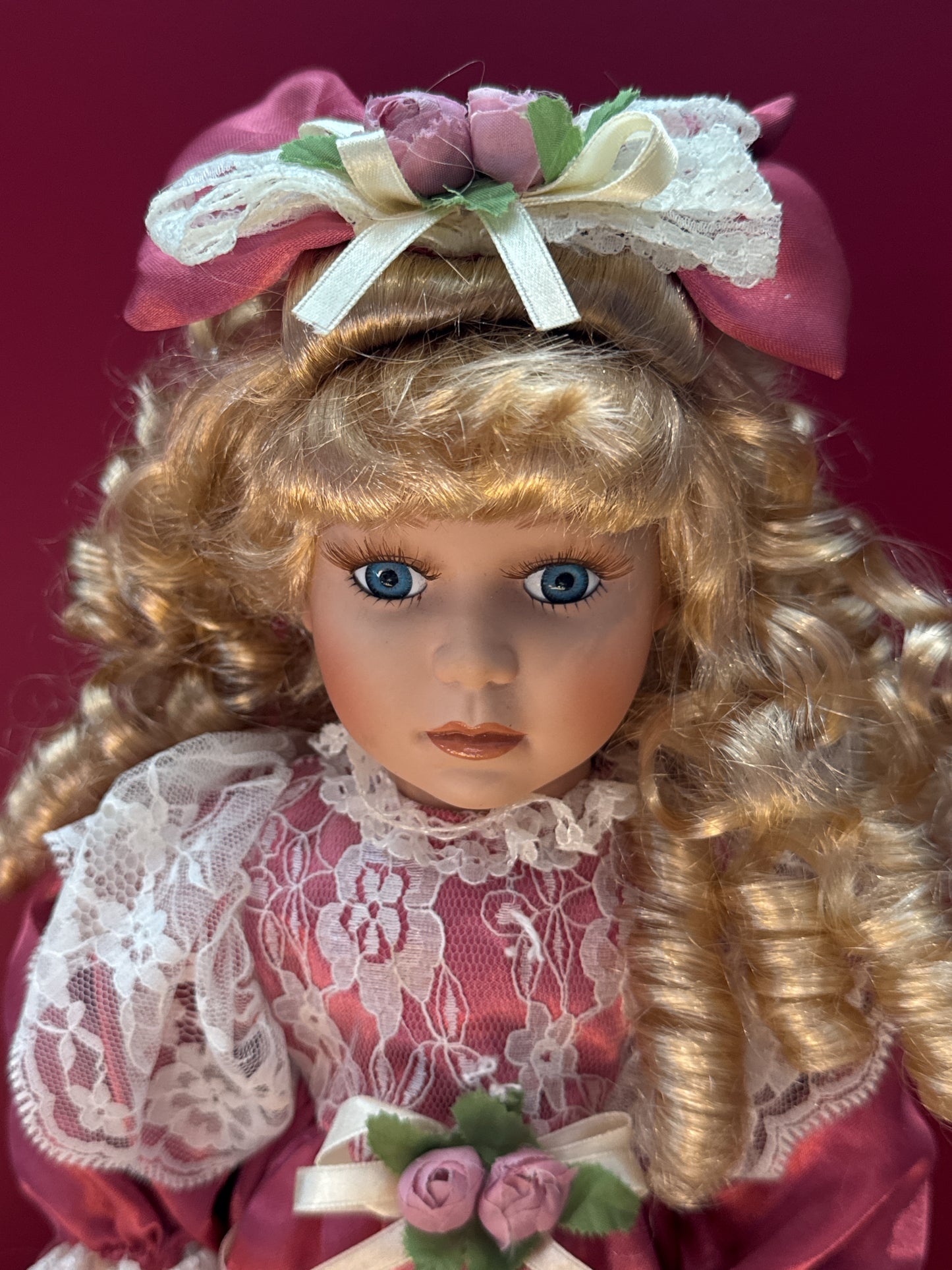 Porcelain Doll Pink Dress Curly Hair by Dan-Dee International Collector's Choice