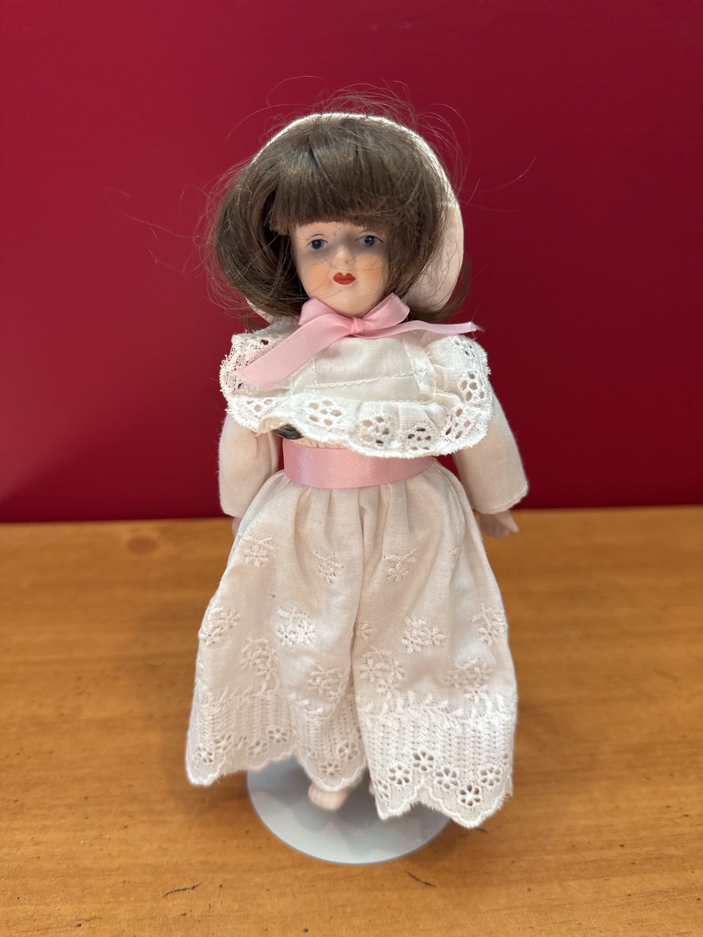 Gift World of Gorham Little Girl Brown Haired Porcelain Doll 7.5" With Stand