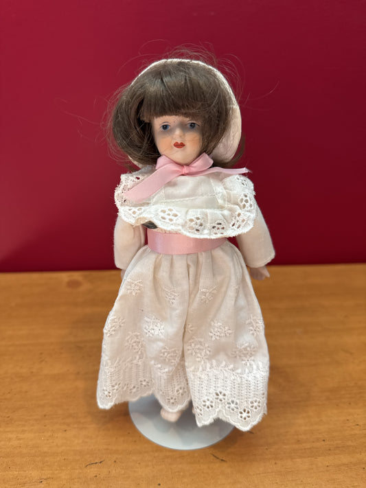 Gift World of Gorham Little Girl Brown Haired Porcelain Doll 7.5" With Stand