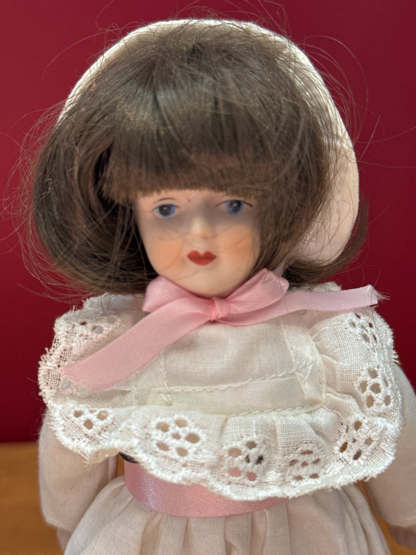 Gift World of Gorham Little Girl Brown Haired Porcelain Doll 7.5" With Stand