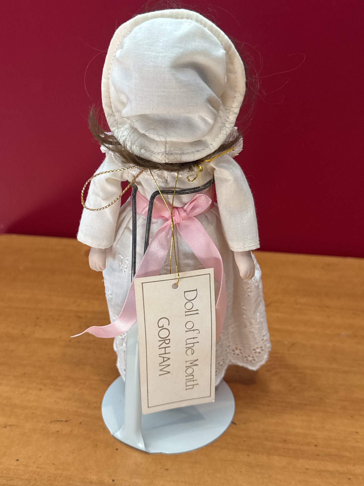 Gift World of Gorham Little Girl Brown Haired Porcelain Doll 7.5" With Stand