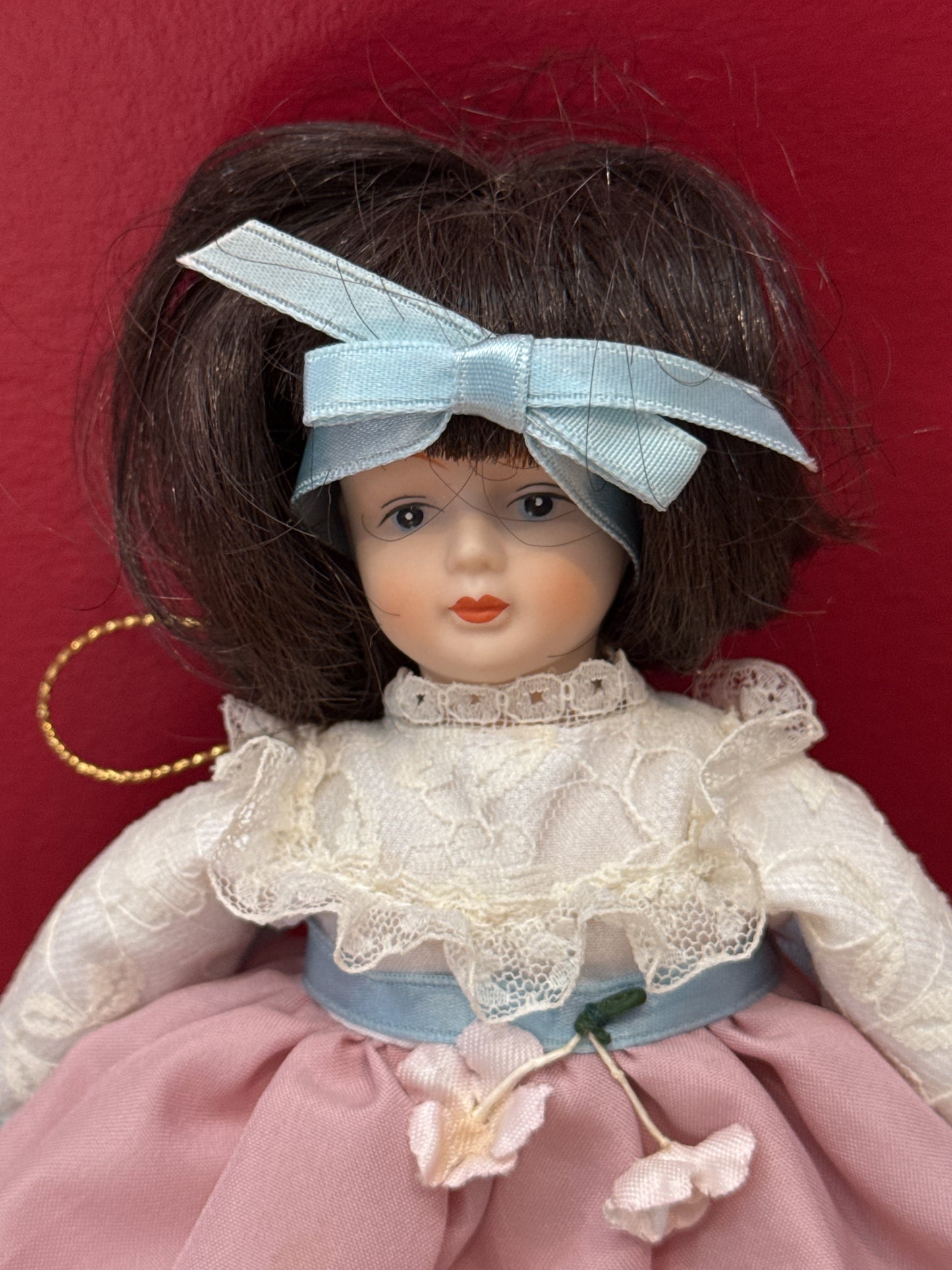 Vintage Gorham Porcelain Articulated Doll 1983 Pink Blue White No Stand