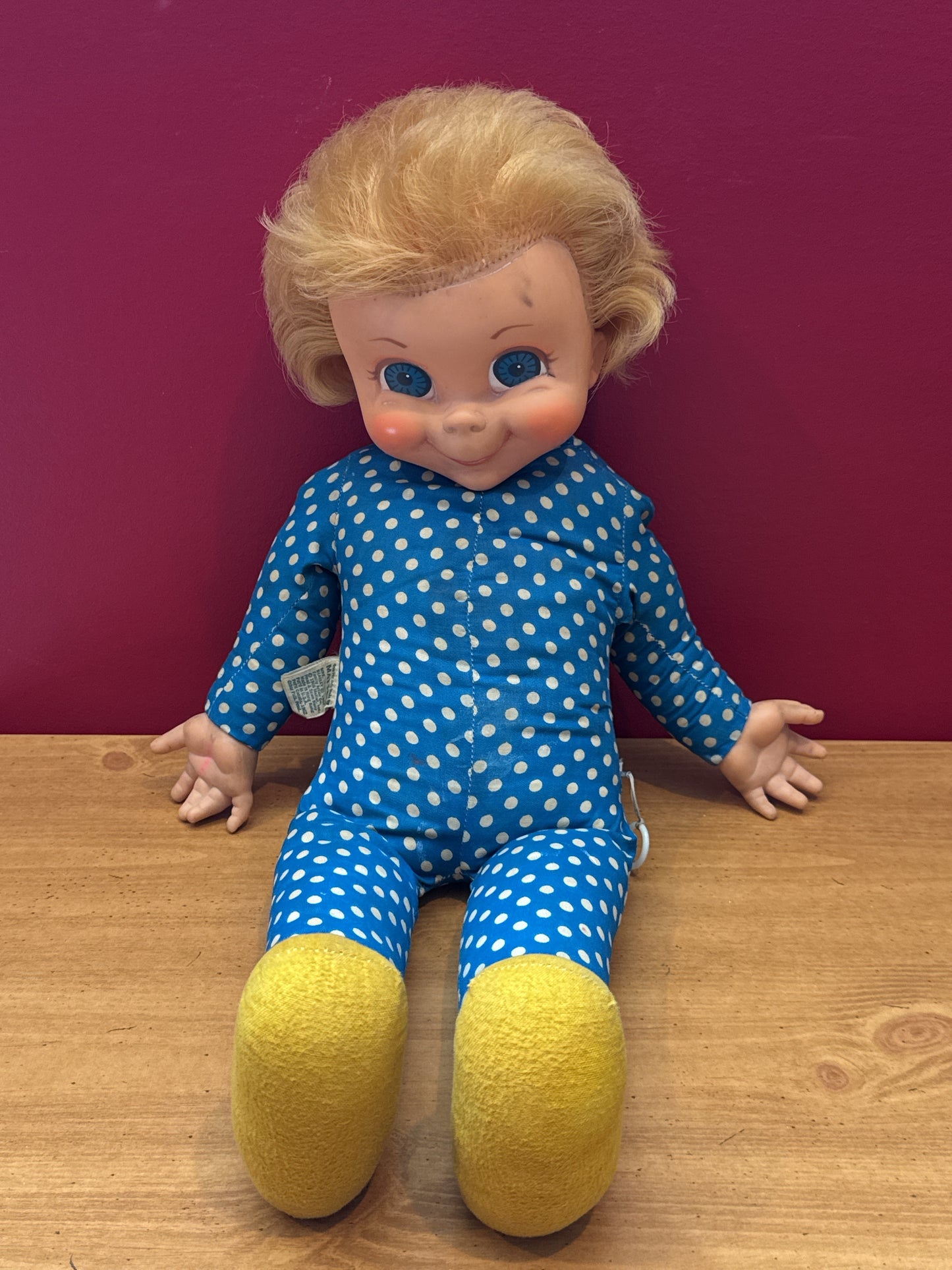 Vintage 1967 Mattel Mrs. Beasley Doll Family Affair Blue Polka Dot Dress 21" Tall