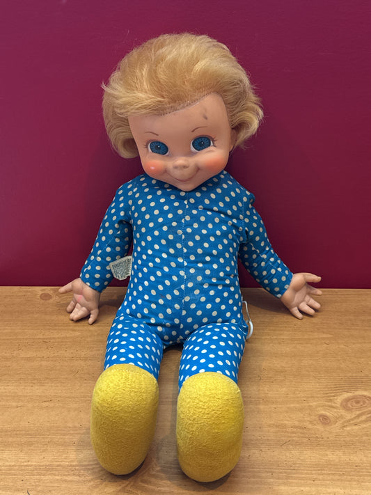 Vintage 1967 Mattel Mrs. Beasley Doll Family Affair Blue Polka Dot Dress 21" Tall