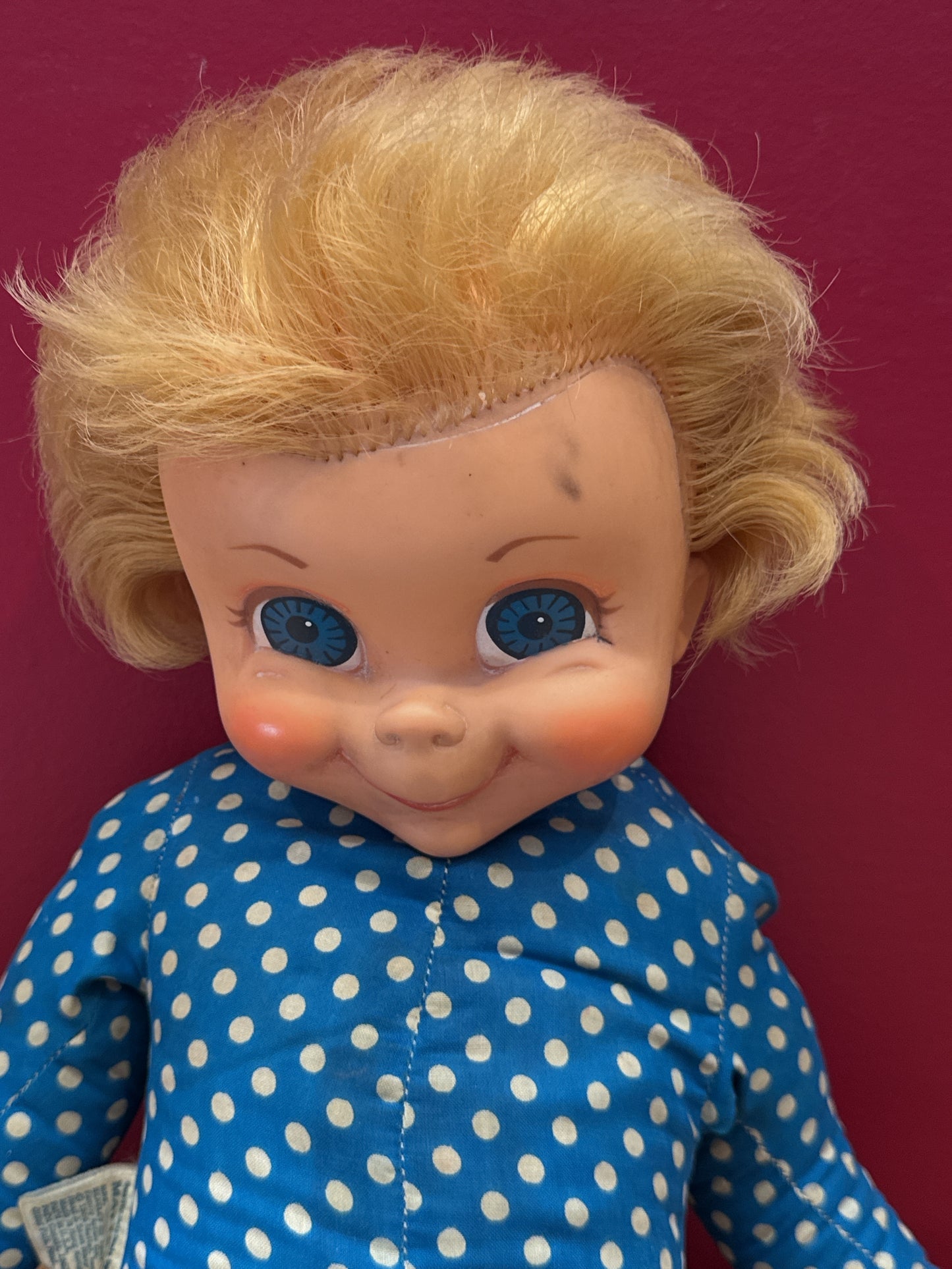 Vintage 1967 Mattel Mrs. Beasley Doll Family Affair Blue Polka Dot Dress 21" Tall