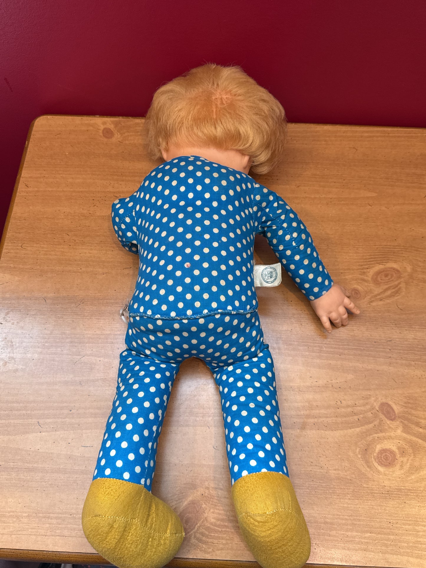 Vintage 1967 Mattel Mrs. Beasley Doll Family Affair Blue Polka Dot Dress 21" Tall