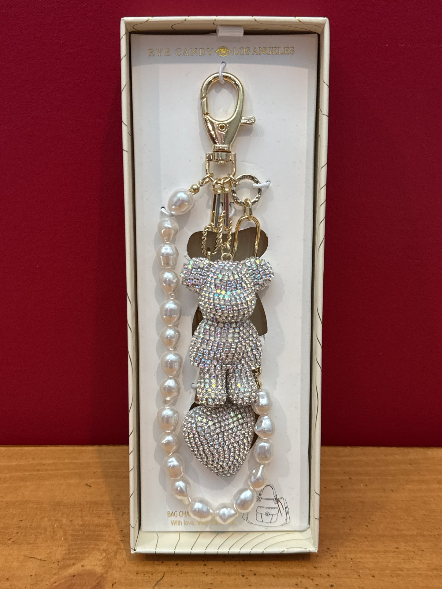 Iridescent Bedazzled Teddy Bear Heart & Pearl Bag Charm By Eye Candy Los Angeles New in Box