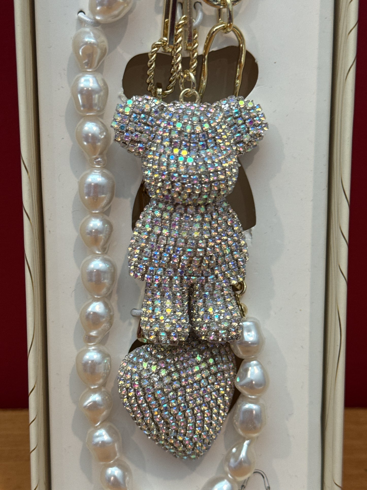 Iridescent Bedazzled Teddy Bear Heart & Pearl Bag Charm By Eye Candy Los Angeles New in Box