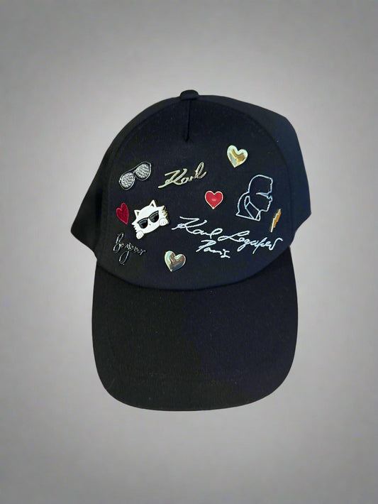 New Karl Lagerfeld Paris Women's Black Polyester Strapback Baseball Cap Hat w/ 9 Pins