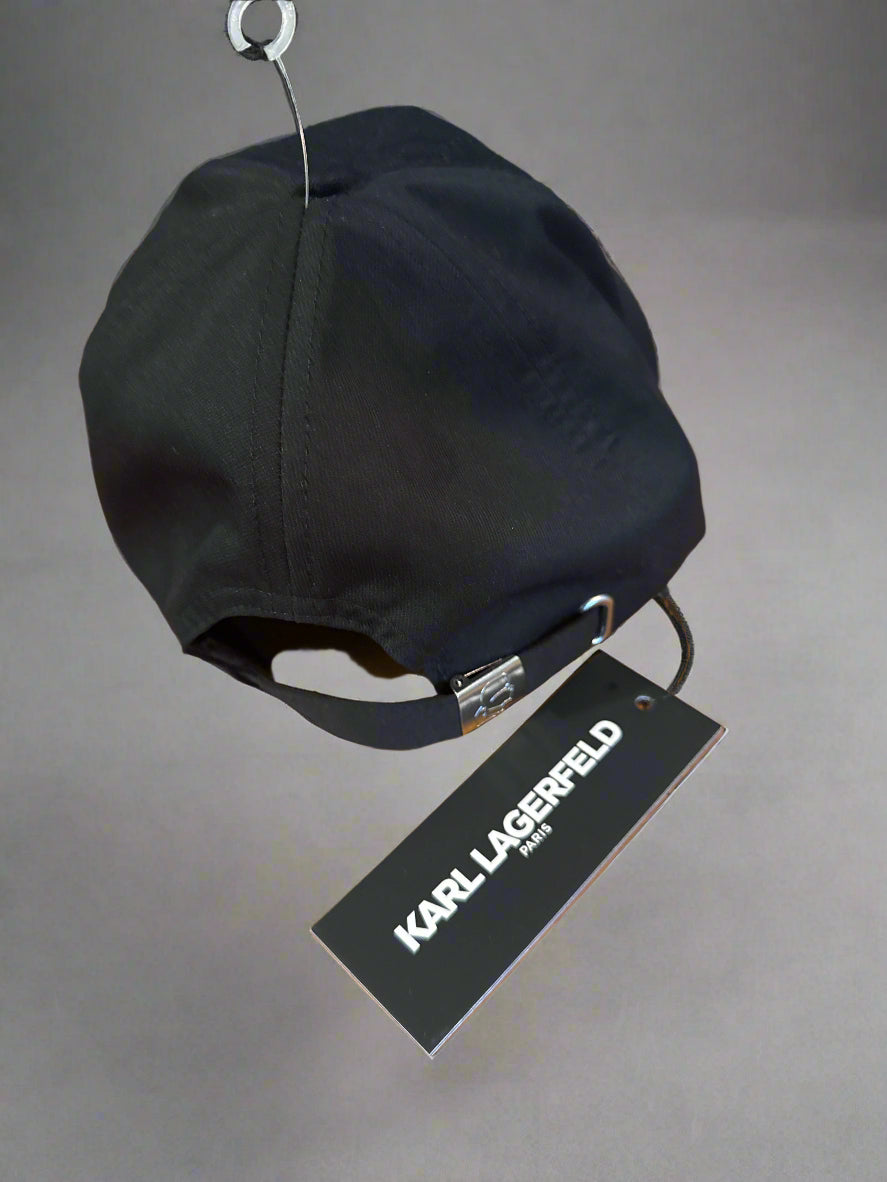 New Karl Lagerfeld Paris Women's Black Polyester Strapback Baseball Cap Hat w/ 9 Pins